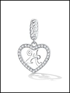 925 Sterling Silver Heart Initial Charm Bead, Cubic Zirconia Letter Pendant for
